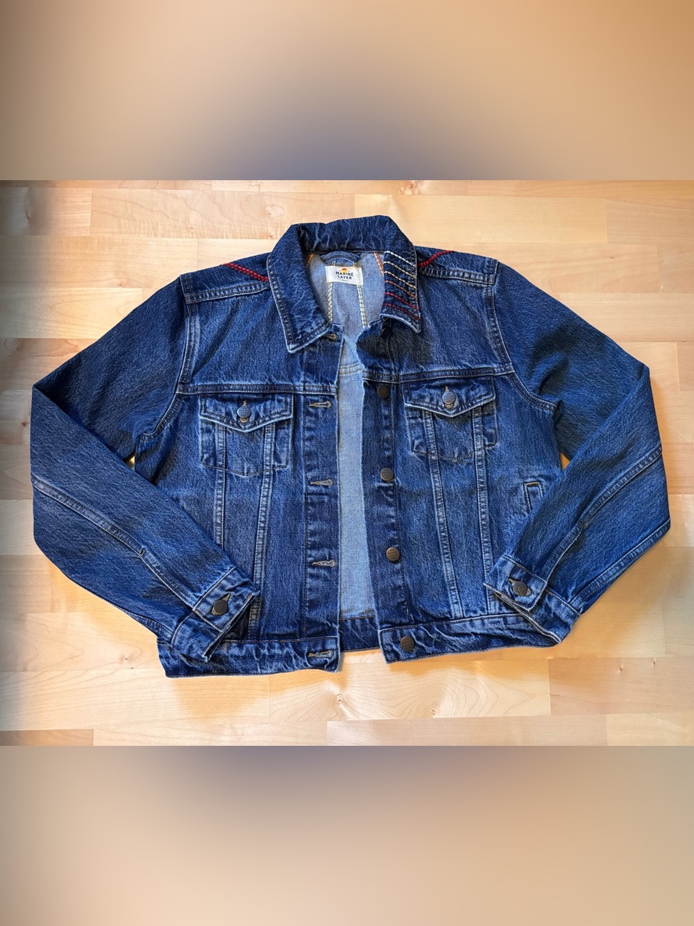 Marine Layer Women’s Dark Blue Denim Jacket with Colorful Stitching Size S